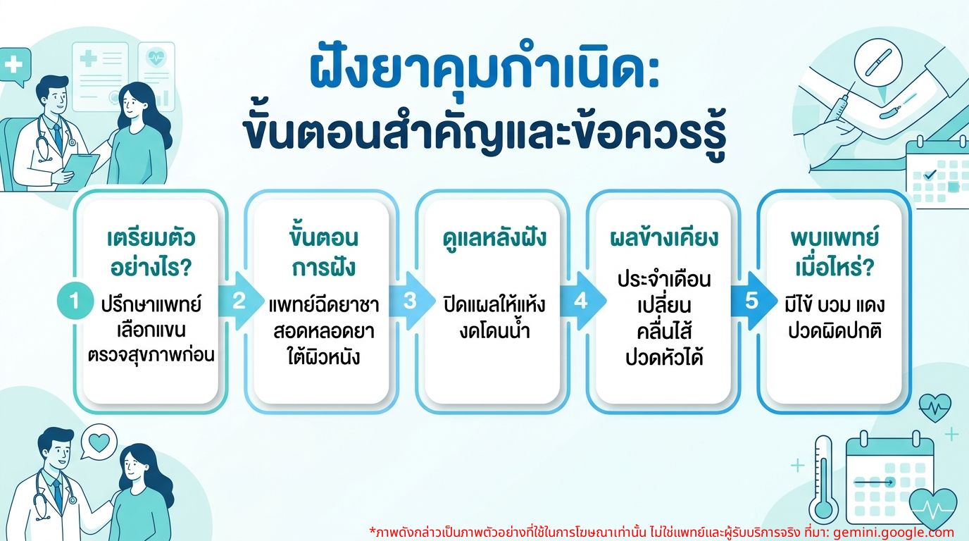 ภาพอินโฟกราฟิกขั้นตอนการฝังยาคุมกำเนิดและข้อควรทราบ