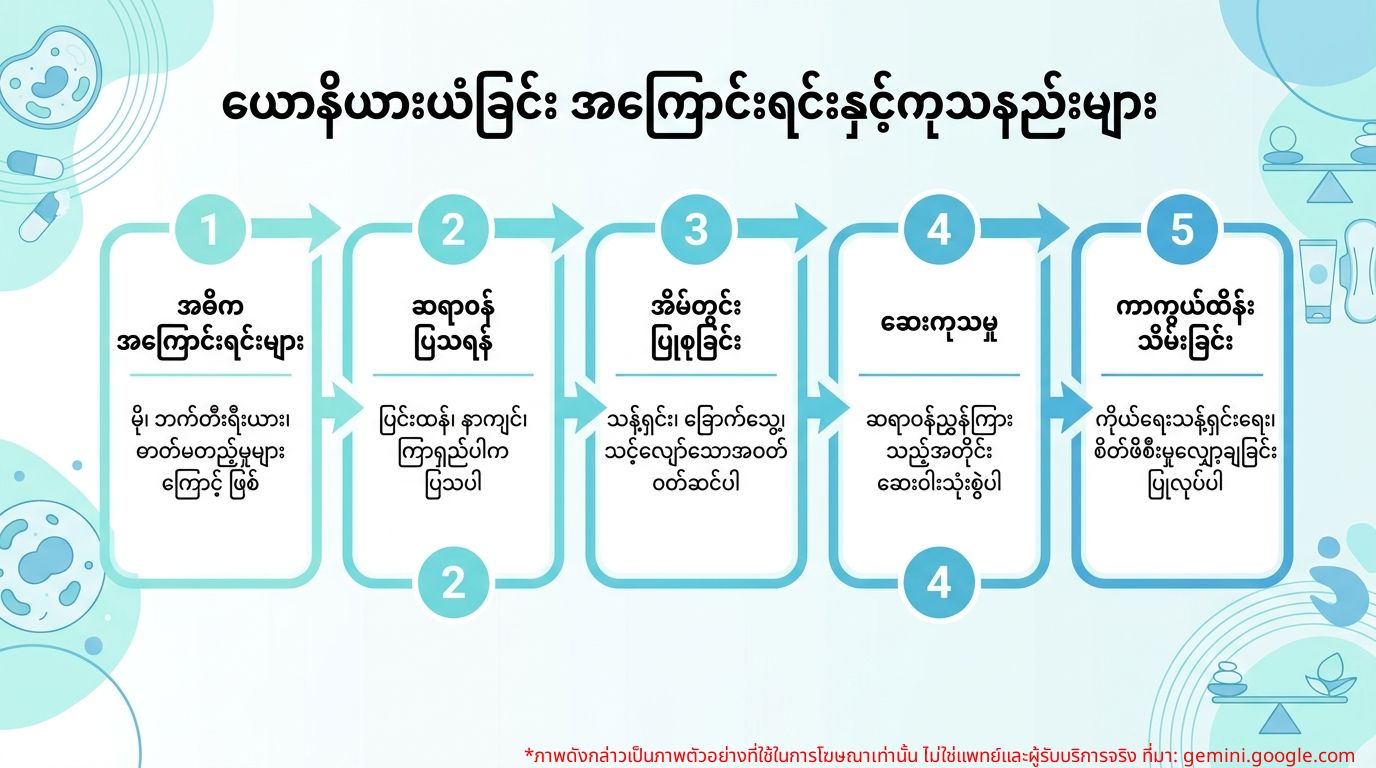 အမျိုးသမီးများတွင် မိန်းမကိုယ်ယားယံခြင်း၏ အကြောင်းရင်းများနှင့် ဂရုစိုက်နည်းများကို ပြသထားသော အချက်အလက်ဂရပ်ဖစ်