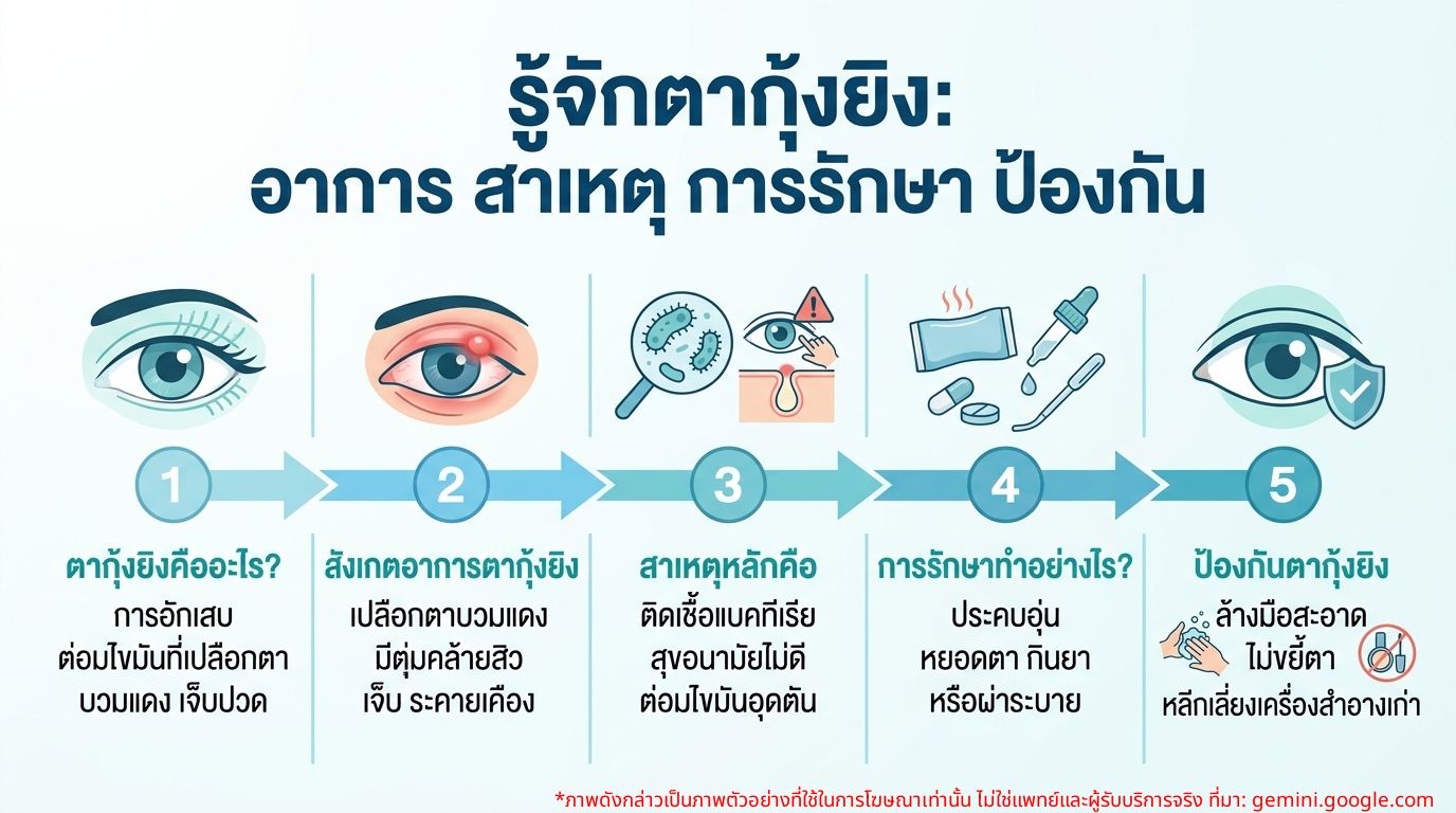 อินโฟกราฟิกเกี่ยวกับอาการ สาเหตุ การรักษา และการป้องกันตากุ้งยิง