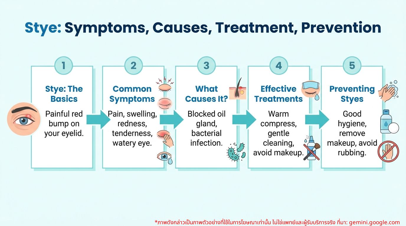 Infographic about stye symptoms, causes, treatment, and prevention