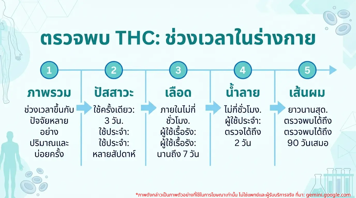 อินโฟกราฟิกแสดงช่วงเวลาที่สามารถตรวจพบสาร THC ในตัวอย่างต่างๆ เช่น ปัสสาวะ เลือด เส้นผม และน้ำลาย