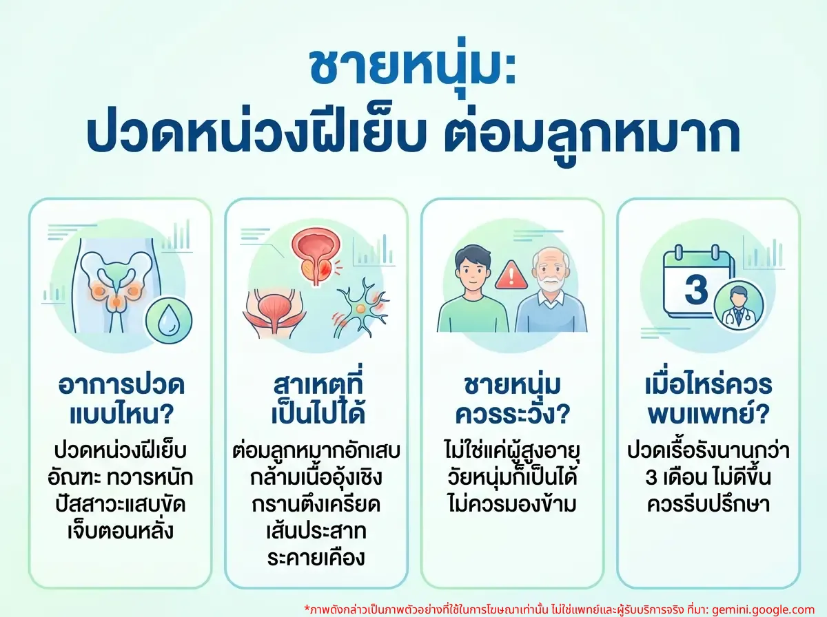 ชายหนุ่มกำลังคิดเรื่องอาการปวดหน่วงฝีเย็บและต่อมลูกหมากอักเสบ