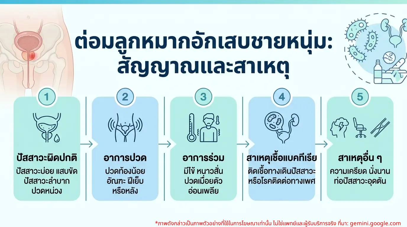 ภาพ infographic สัญญาณเตือนและสาเหตุของต่อมลูกหมากอักเสบในชายหนุ่ม