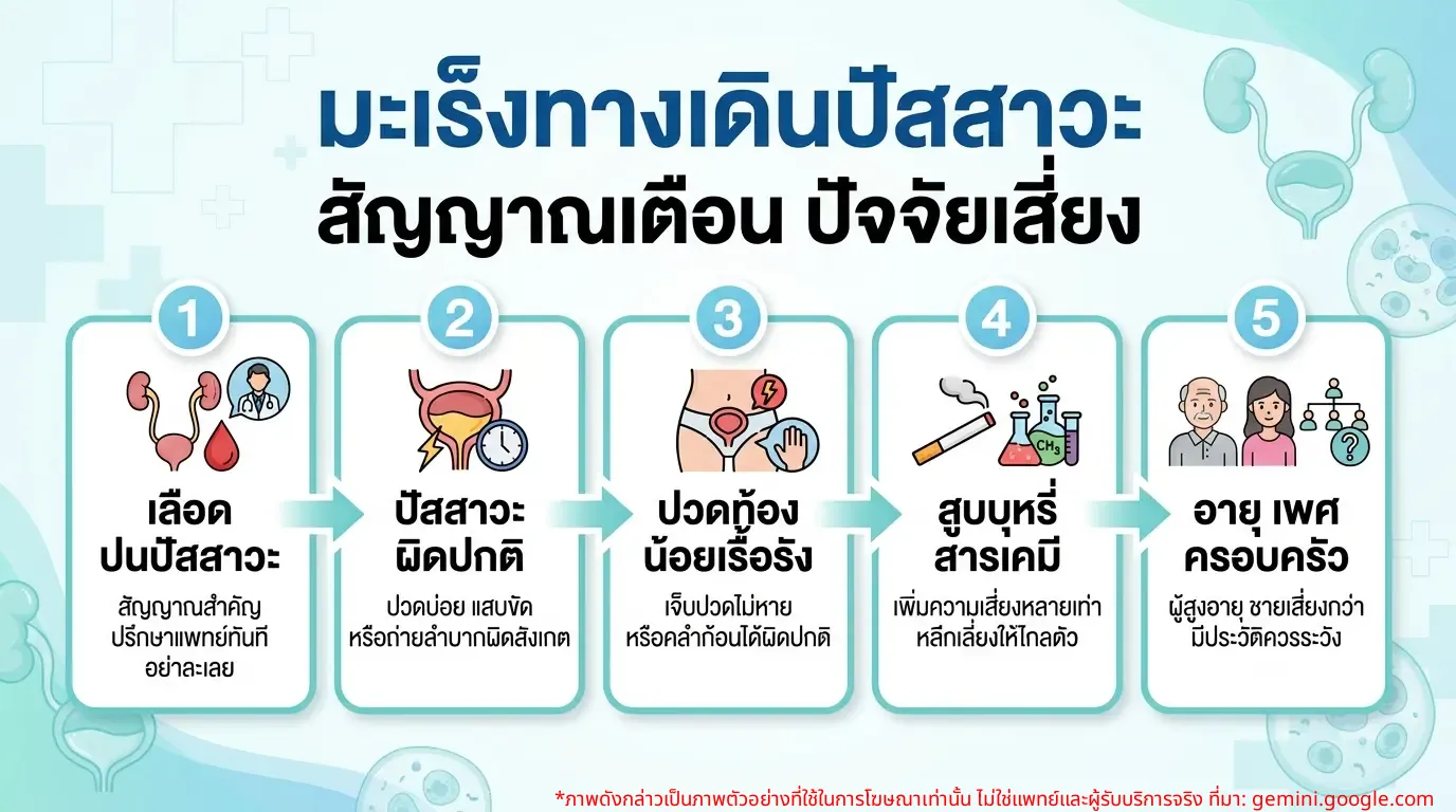 อินโฟกราฟิกแสดงสัญญาณเตือนและปัจจัยเสี่ยงของมะเร็งระบบทางเดินปัสสาวะ