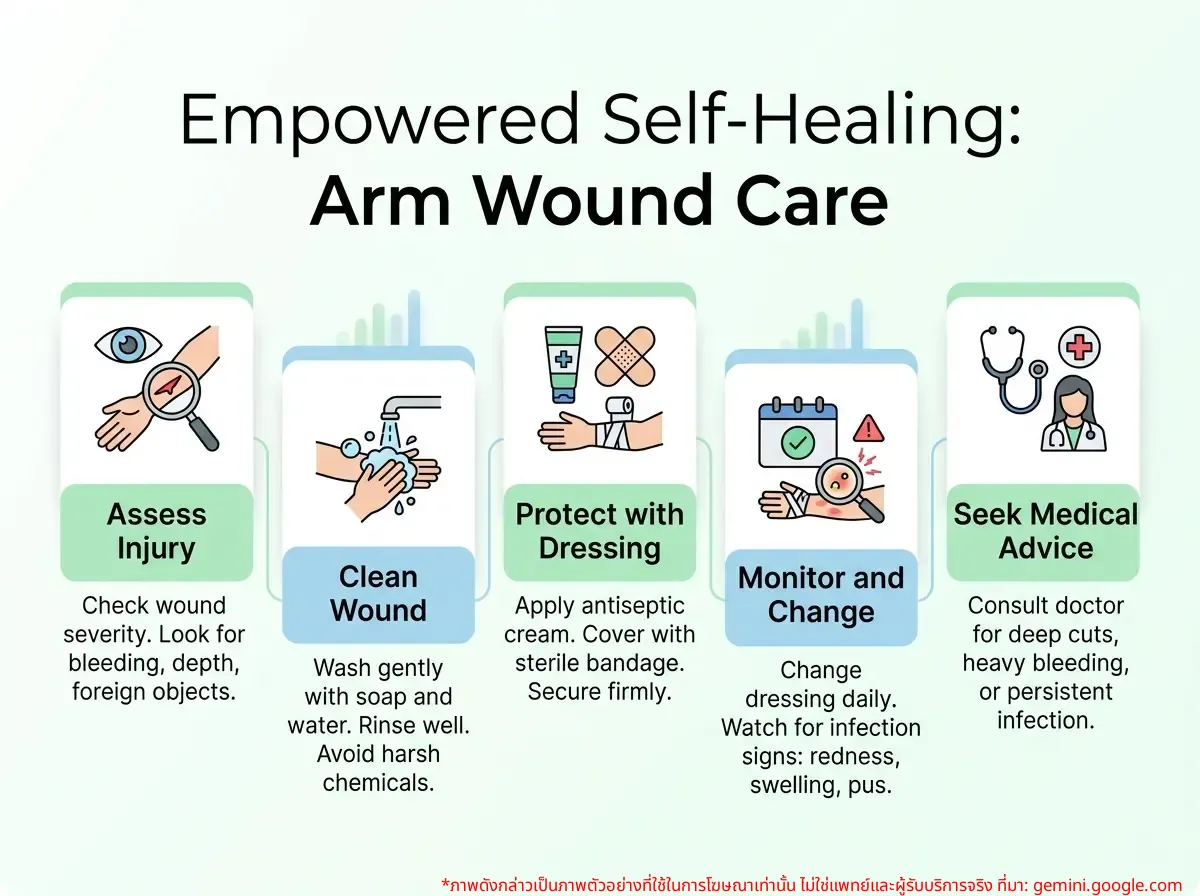 Woman dressing her own arm wound