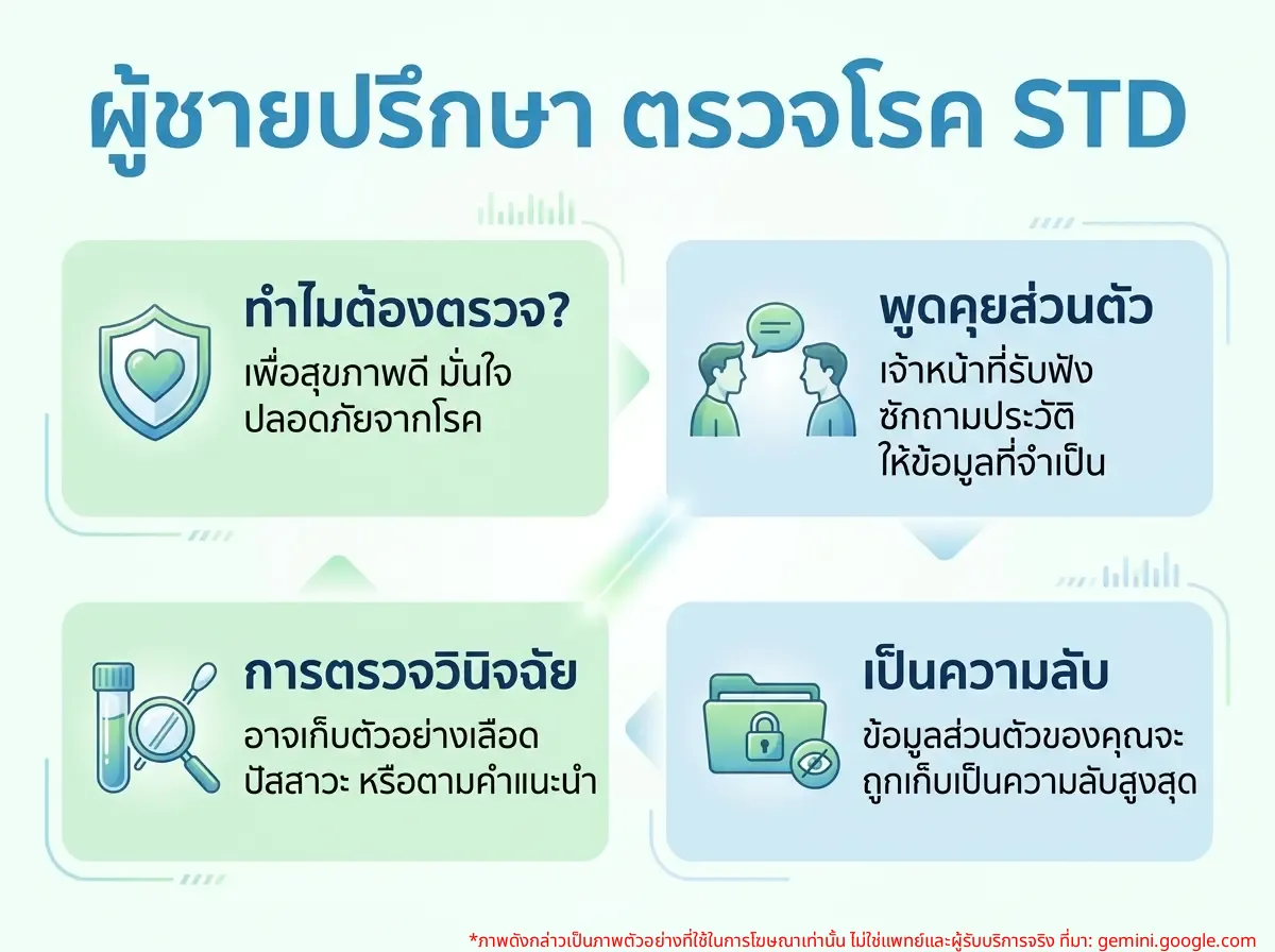 အမျိုးသားတစ်ဦးသည် လိင်မှတစ်ဆင့် ကူးစက်တတ်သော ရောဂါများ စစ်ဆေးခြင်းနှင့်ပတ်သက်၍ ဝန်ထမ်းများနှင့် တိုင်ပင်နေသည်
