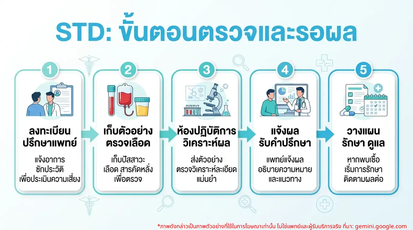 လိင်မှတစ်ဆင့် ကူးစက်တတ်သော ရောဂါများ စစ်ဆေးမှုအဆင့်များနှင့် ရလဒ်စောင့်ဆိုင်းခြင်းကို ပြသထားသော အချက်အလက်ဂရပ်ဖစ်