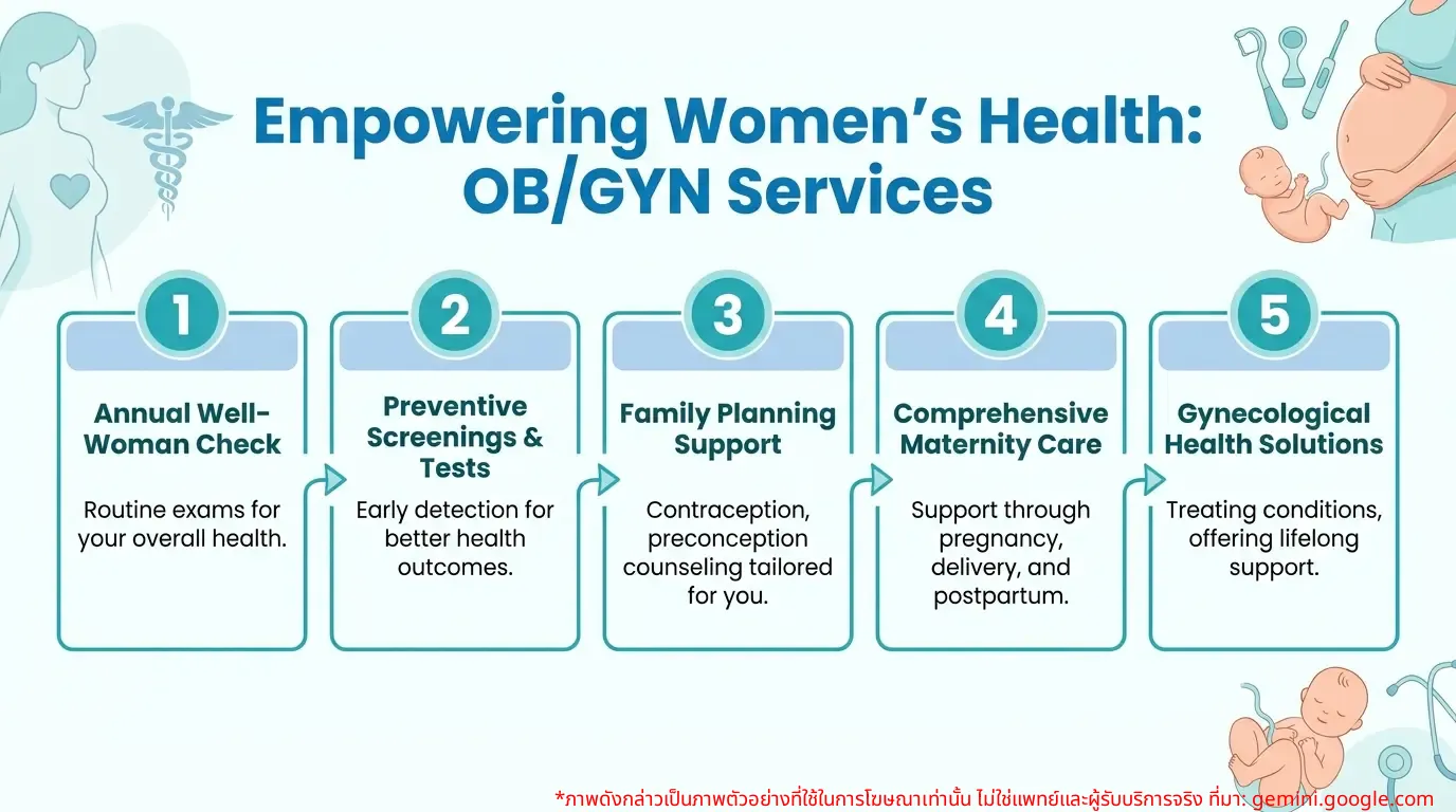 Infographic showing women's health services at a gynecology clinic