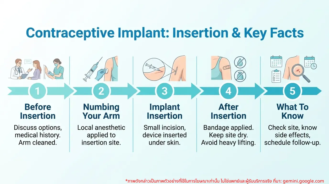Infographic illustrating the birth control implant procedure and important information