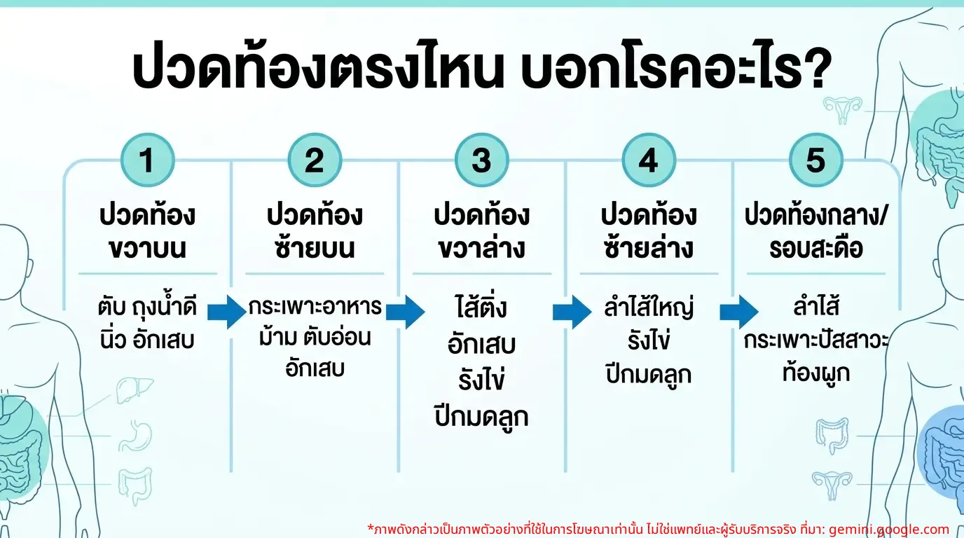 Infographic แสดงตำแหน่งอาการปวดท้องและโรคที่เกี่ยวข้อง