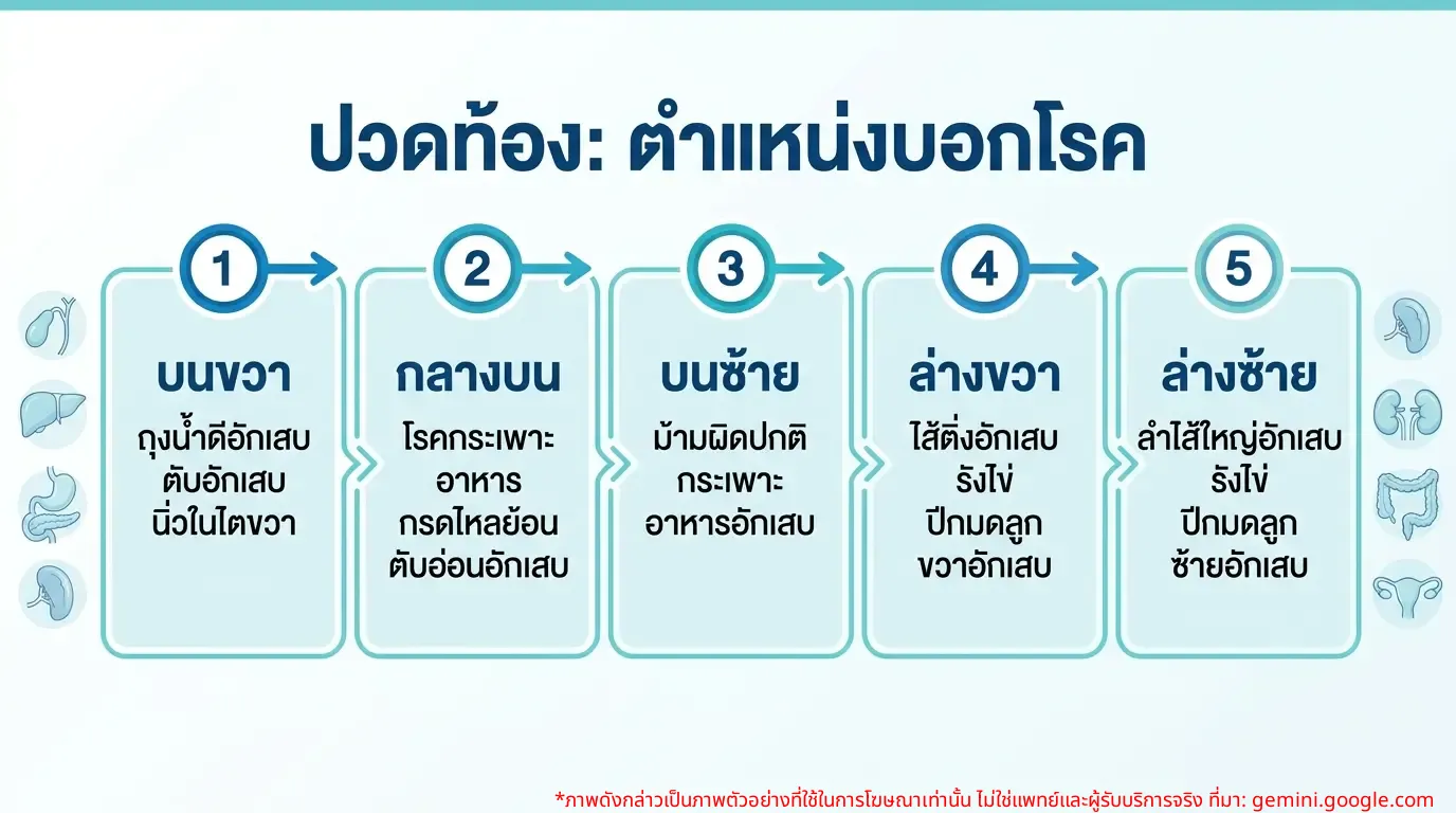 Infographic ตำแหน่งปวดท้องและโรคที่เกี่ยวข้อง