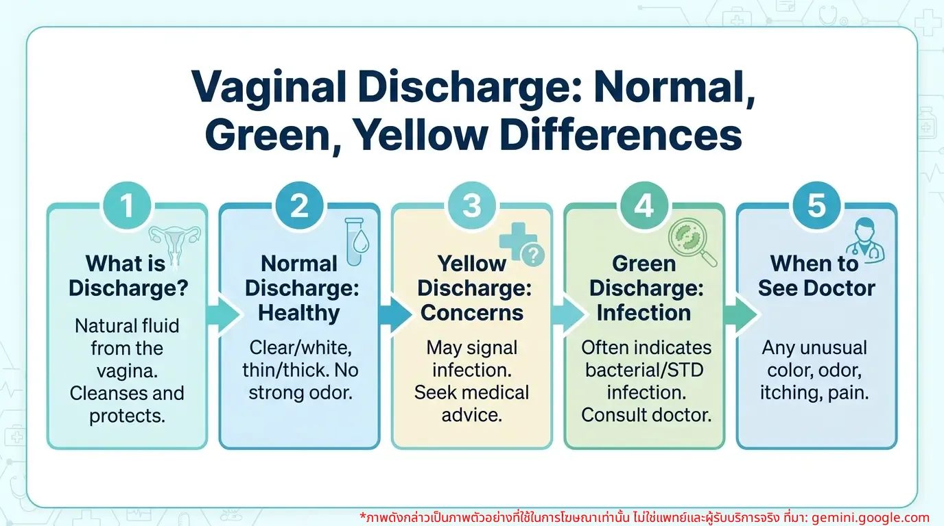Infographic showing the differences between normal, green, and yellow vaginal discharge