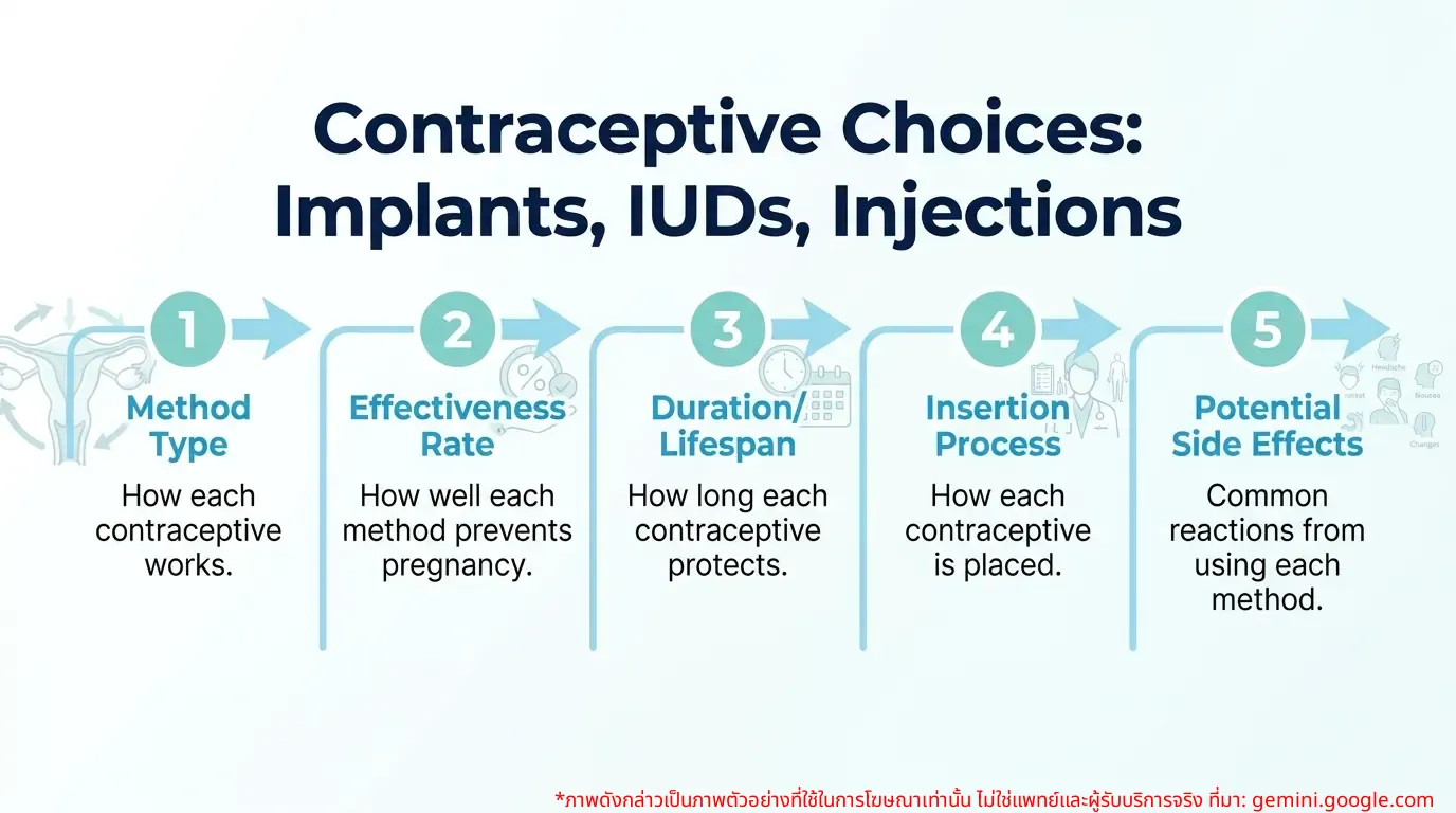 Infographic comparing contraceptive implant, IUD, and contraceptive injection