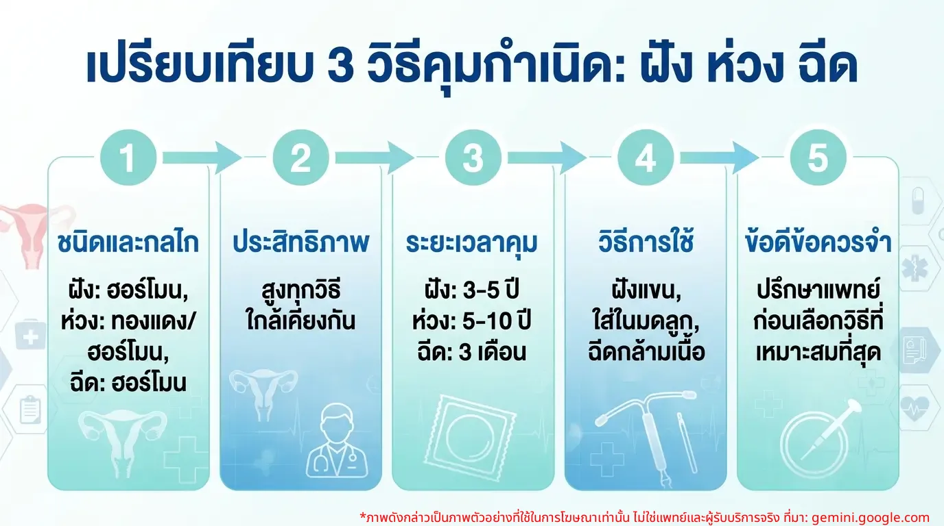 ကိုယ်ဝန်တားဆေးထည့်ခြင်း၊ သားအိမ်တွင်းပစ္စည်း (IUD) နှင့် ကိုယ်ဝန်တားဆေးထိုးခြင်းတို့ကို နှိုင်းယှဉ်ထားသော အချက်အလက်ပုံ