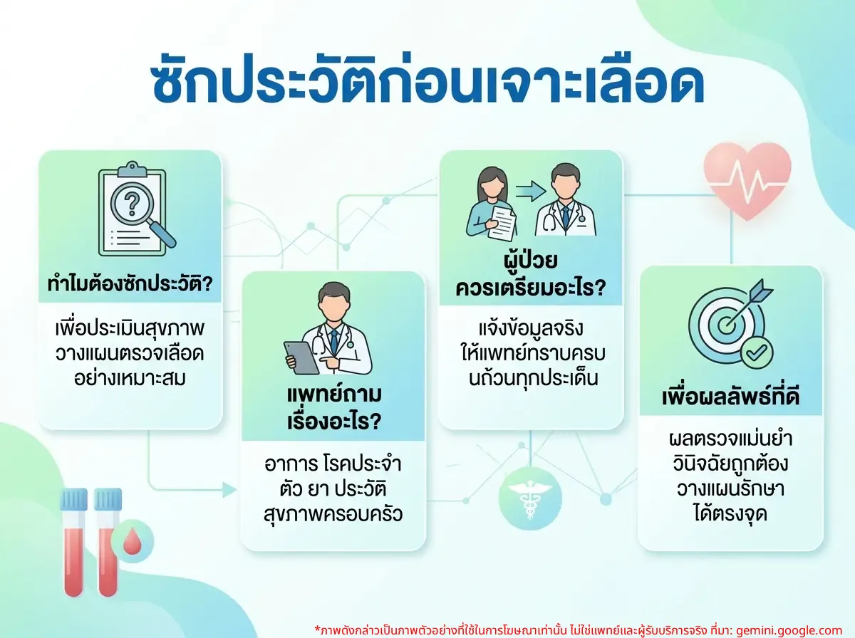 แพทย์กำลังพูดคุยกับผู้ป่วยเพื่อซักประวัติก่อนการตรวจเลือด
