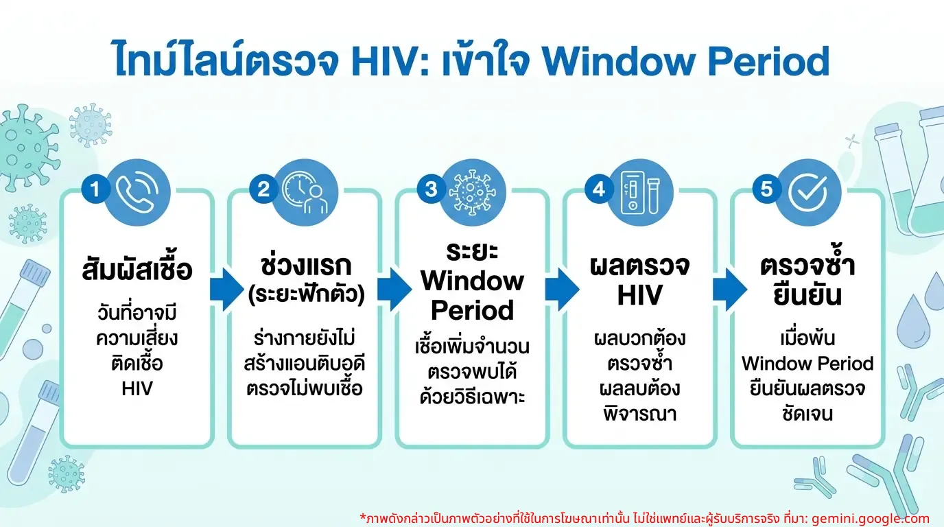HIV စစ်ဆေးမှုအချိန်ဇယားနှင့် Window Period ကို ပြသထားသော အချက်အလက်ဂရပ်ဖစ်