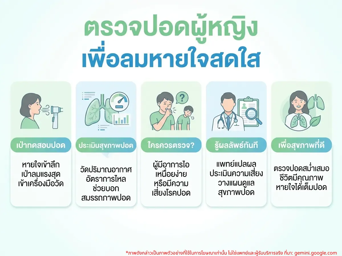ผู้หญิงกำลังตรวจสมรรถภาพปอดโดยการเป่าลมเข้าเครื่อง