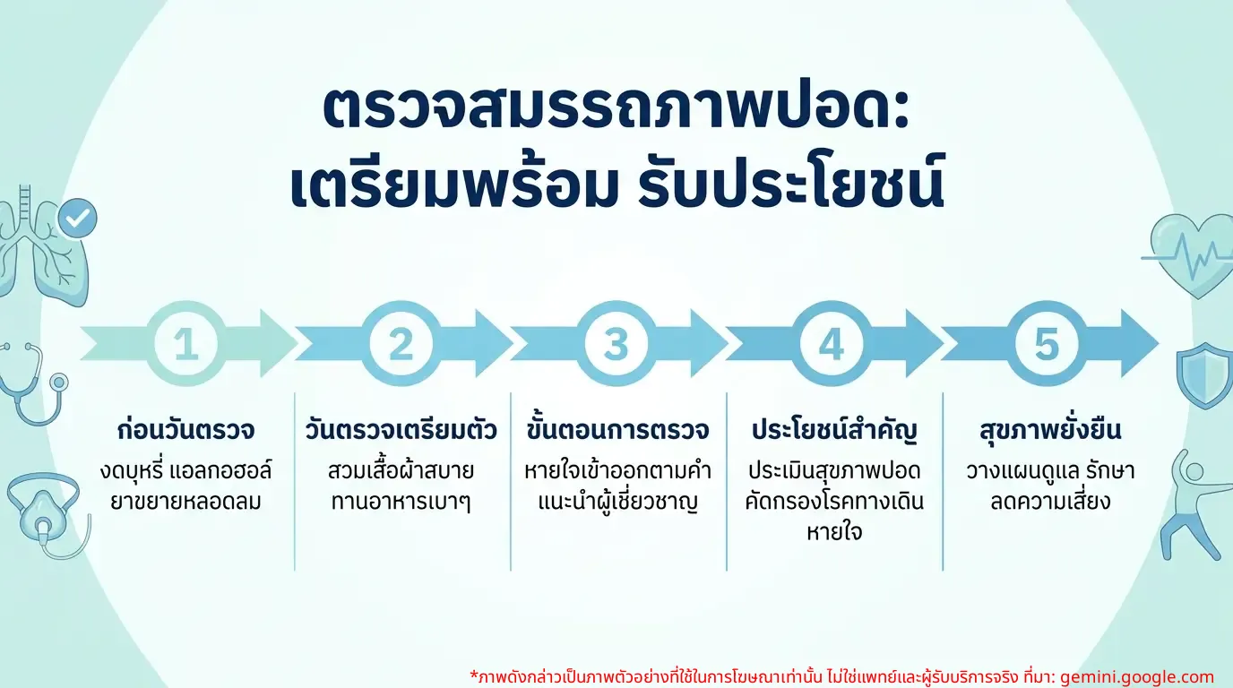 ภาพอินโฟกราฟิกแสดงขั้นตอนการเตรียมตัวและประโยชน์ของการตรวจสมรรถภาพปอด