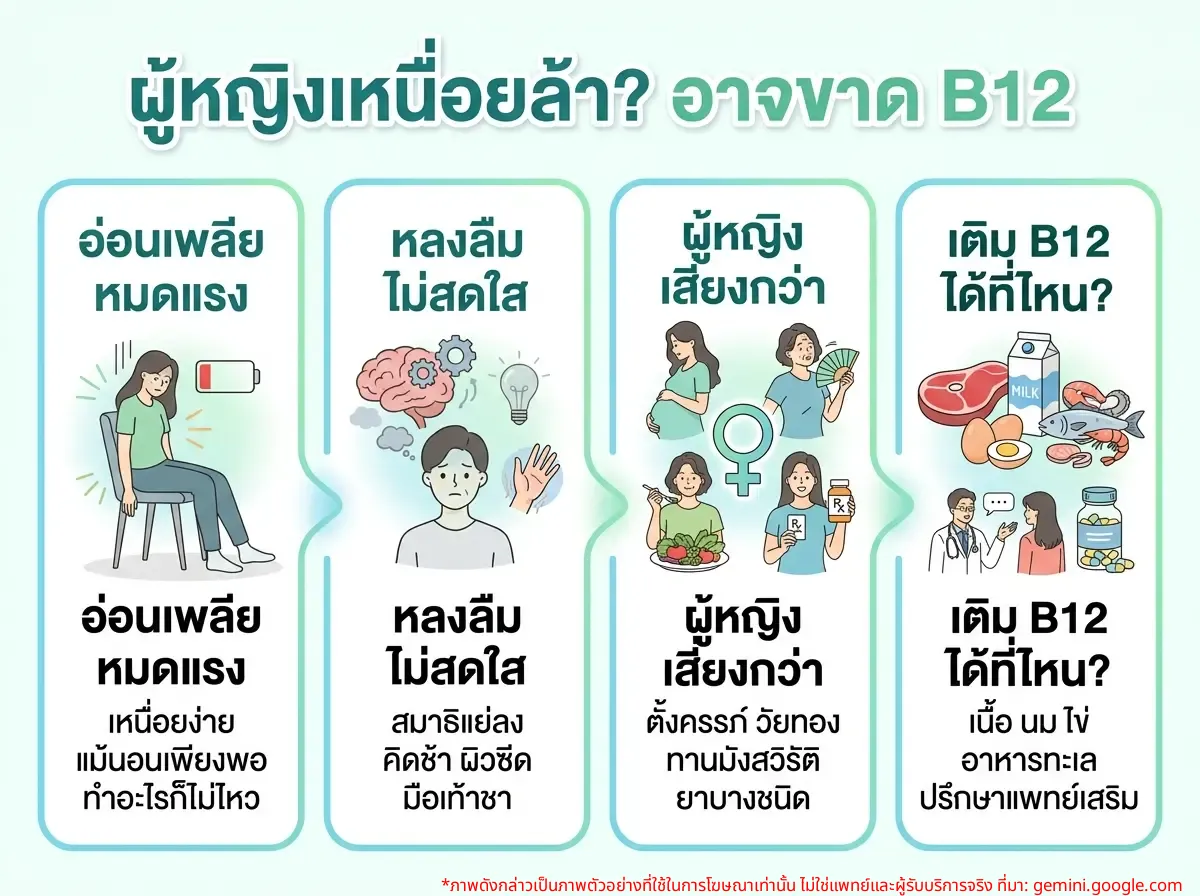 ผู้หญิงรู้สึกเหนื่อยและหมดแรงจากการขาดวิตามินบี 12