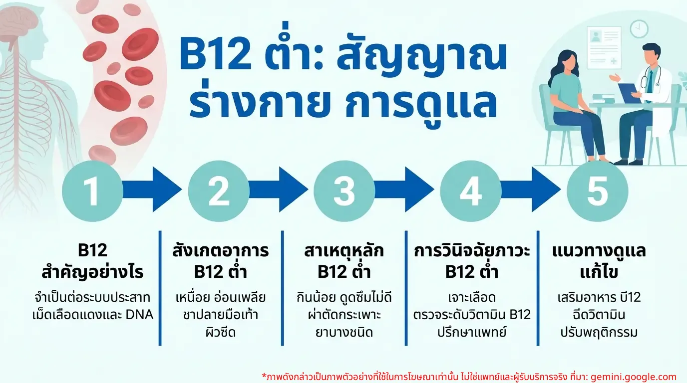 อินโฟกราฟิกแสดงอาการและการแก้ไขเมื่อวิตามินบี 12 ต่ำ