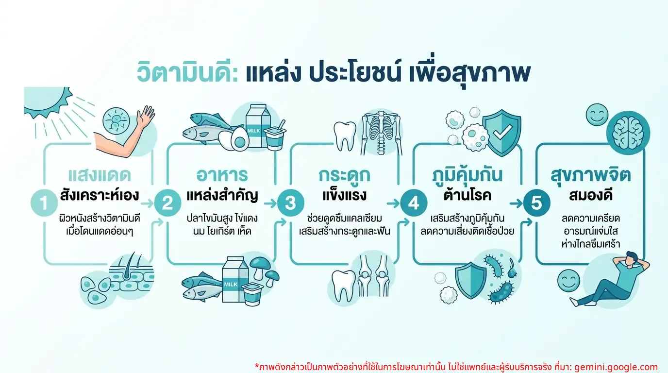 อินโฟกราฟิกแสดงแหล่งที่มาและประโยชน์ของวิตามินดี