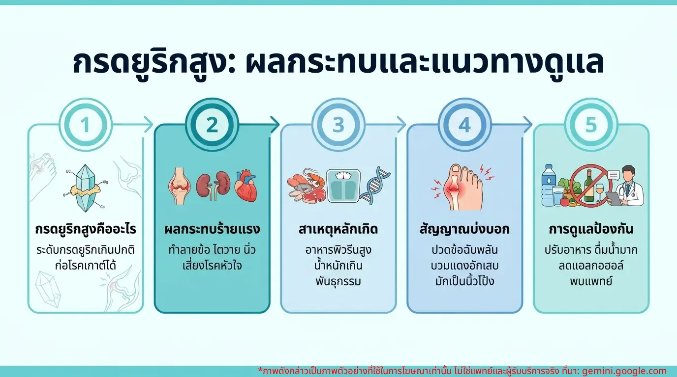 อินโฟกราฟิกผลกระทบของกรดยูริกสูงต่อร่างกายและวิธีจัดการเบื้องต้น