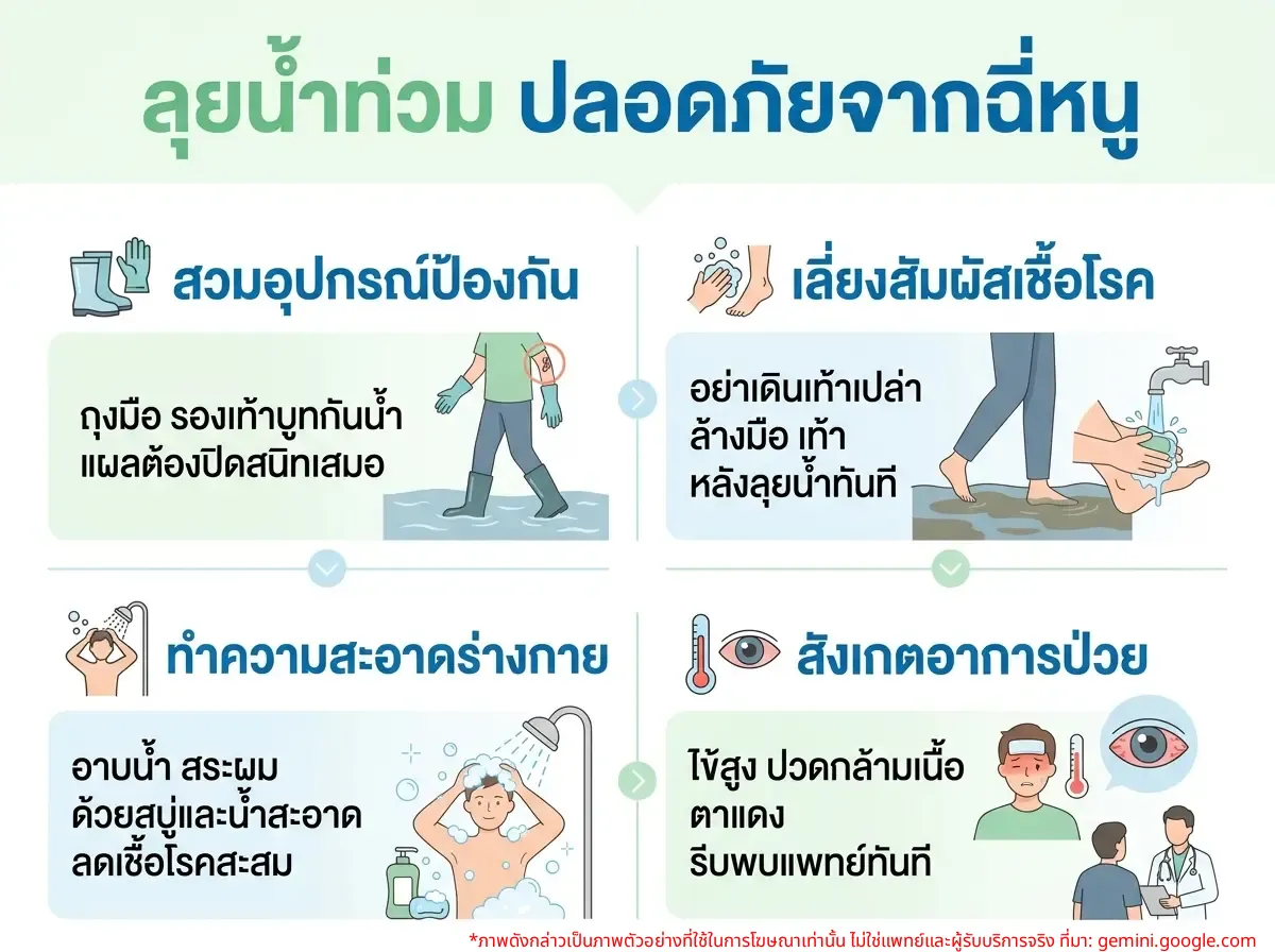 ผู้ชายกำลังลุยน้ำท่วมขังพร้อมระมัดระวังโรคฉี่หนู