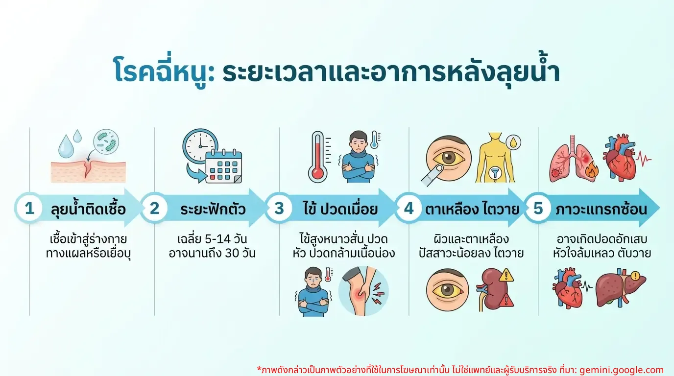 อินโฟกราฟิกแสดงระยะเวลาและอาการของโรคฉี่หนูหลังลุยน้ำ
