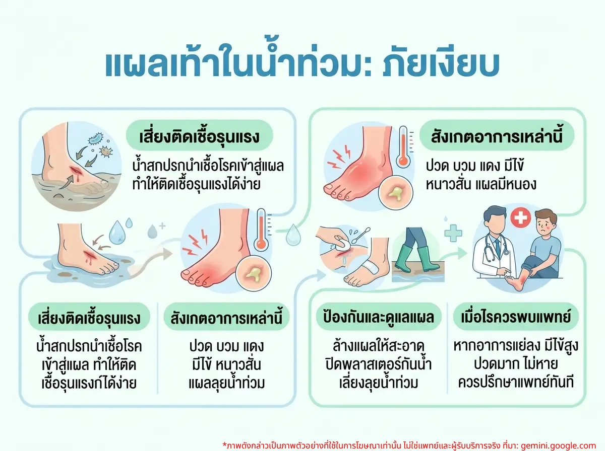 ผู้ชายยืนลุยน้ำท่วมโดยมีแผลที่เท้า