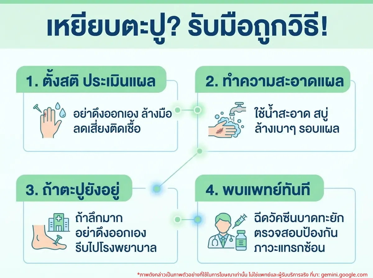 ผู้ชายกำลังเหยียบตะปูที่พื้น