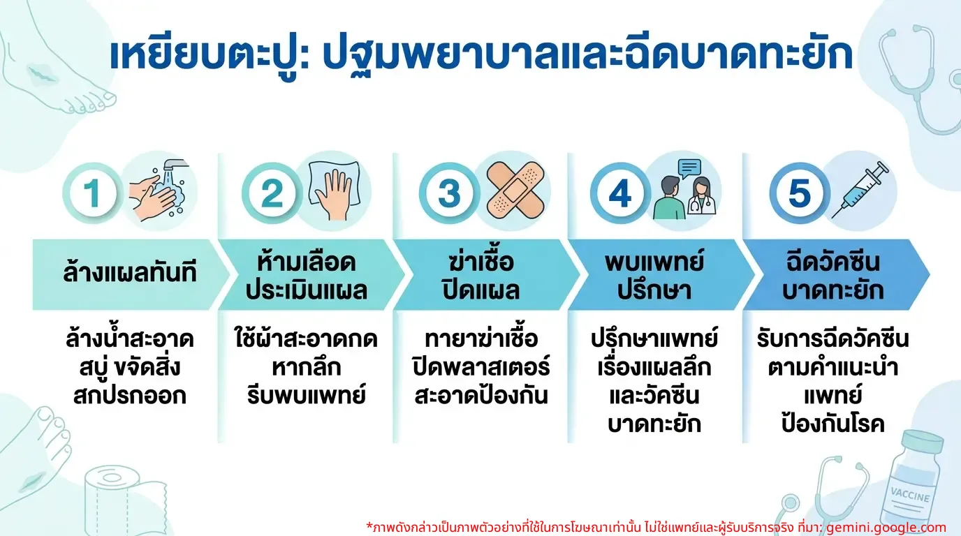 อินโฟกราฟิกแสดงวิธีการปฐมพยาบาลเมื่อเหยียบตะปูและการฉีดวัคซีนบาดทะยัก