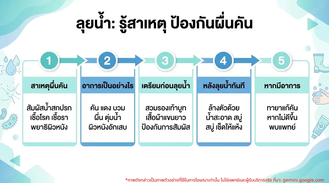 อินโฟกราฟิกแสดงสาเหตุและวิธีป้องกันผื่นคันจากการลุยน้ำ