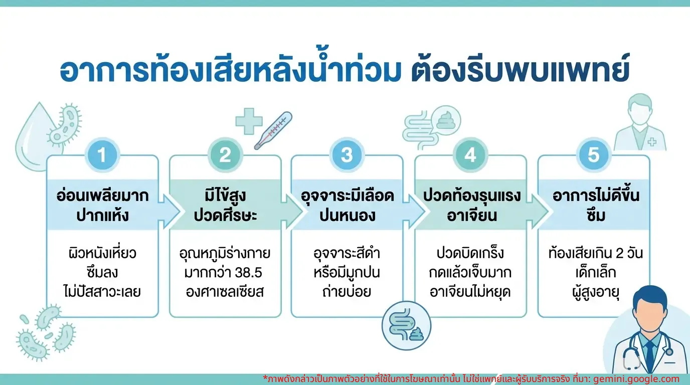 ภาพ Infographic แสดงอาการท้องเสียที่ควรรีบพบแพทย์หลังน้ำท่วม