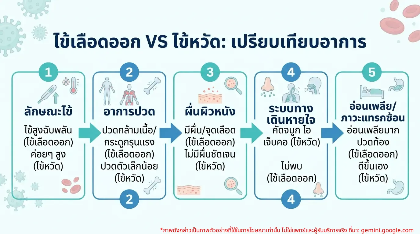 อินโฟกราฟิกเปรียบเทียบอาการไข้เลือดออกกับไข้หวัด