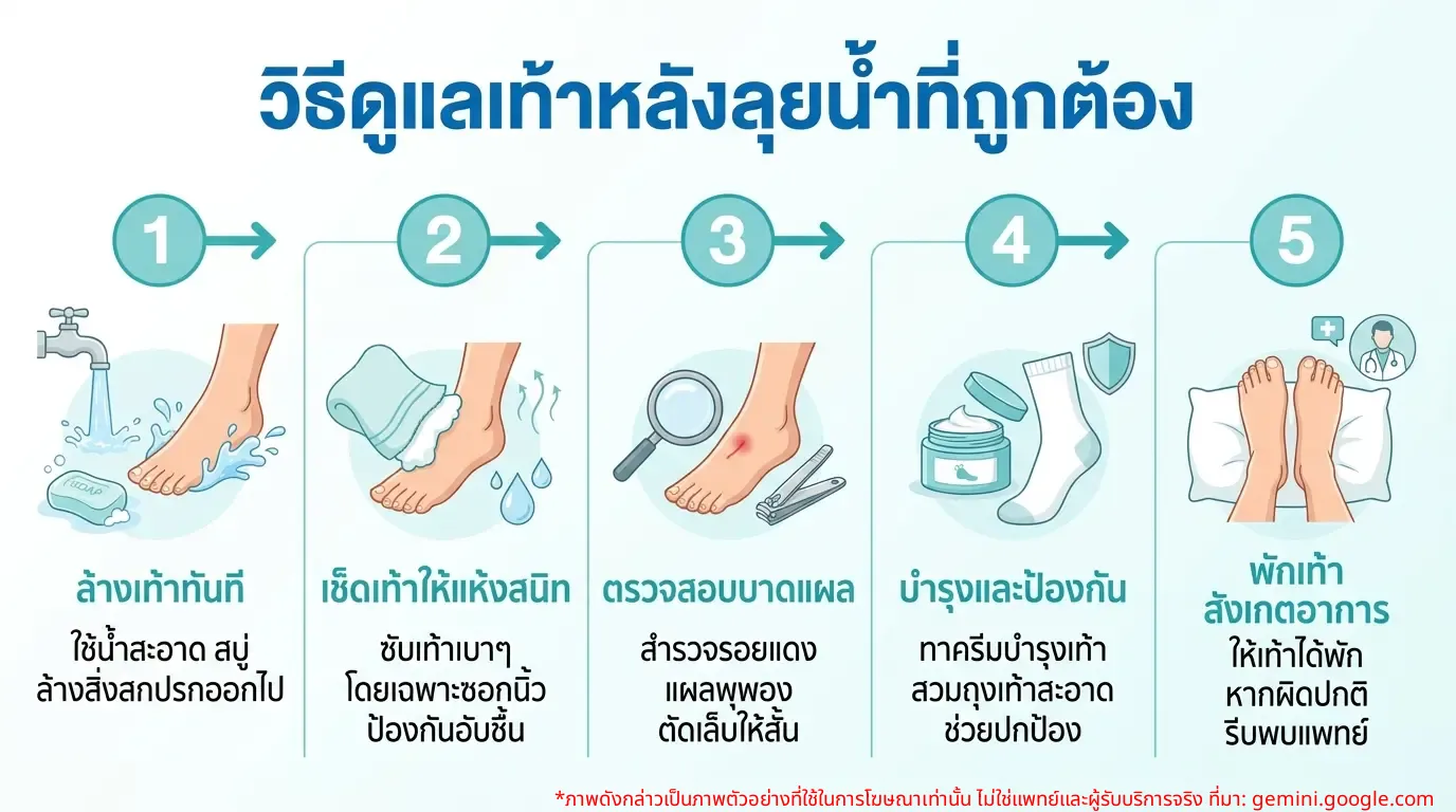 อินโฟกราฟิกแสดงวิธีดูแลเท้าหลังลุยน้ำอย่างถูกต้อง