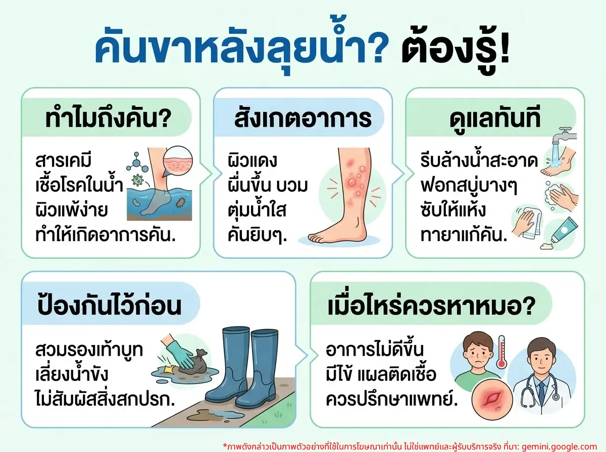 ผู้หญิงกำลังเกาขาหลังจากการลุยน้ำ