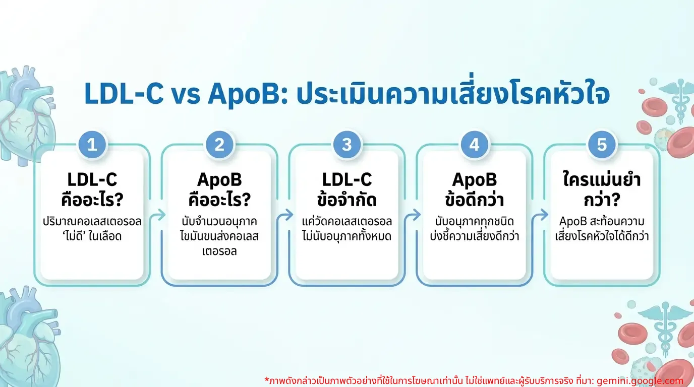 Infographic แสดงความแตกต่างระหว่าง LDL-C และ ApoB ในการประเมินความเสี่ยงโรคหัวใจ