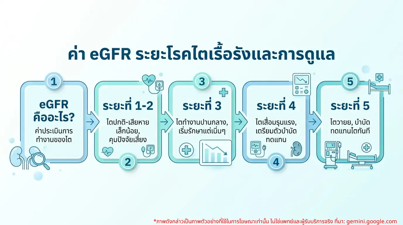 อินโฟกราฟิกแสดงค่า eGFR และระยะของโรคไตเรื้อรังพร้อมคำแนะนำการดูแล